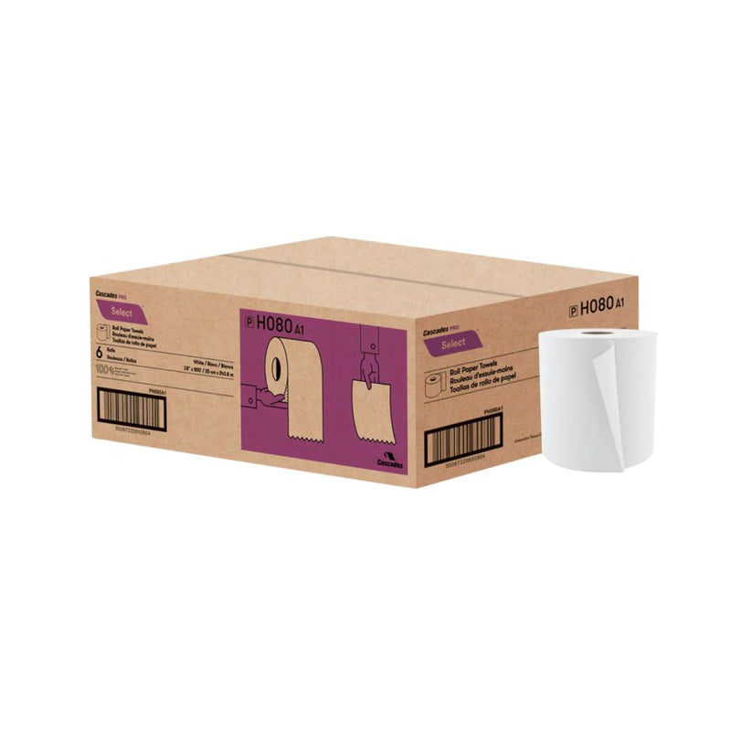 Cascades Pro H080 - Rollos de toallas de papel blancas de 8" x 800' - 6/Caja